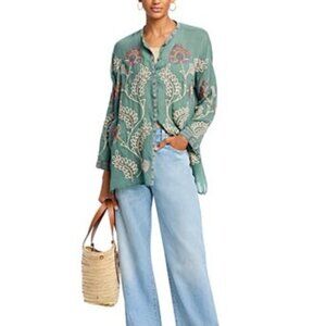 Johnny Was Martina Slim Audrey Floral Embroidered Tunic Women Vintage Green XS